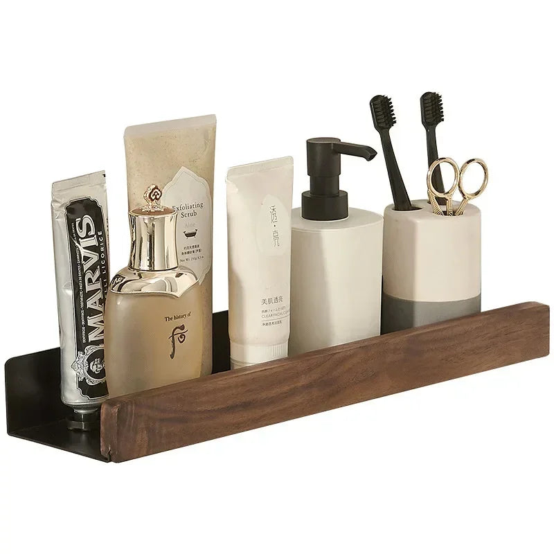 No Punch Solid Wood Bathroom Wall Shelf Dusch- och Toalettorganisator | Veska