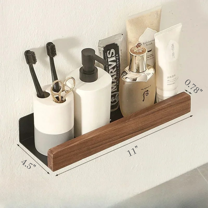 No Punch Solid Wood Bathroom Wall Shelf Dusch- och Toalettorganisator | Veska 30CM 11in