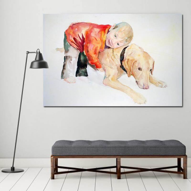 Pojke och Hund Vacker Väggkonst Canvasmålning | Veska