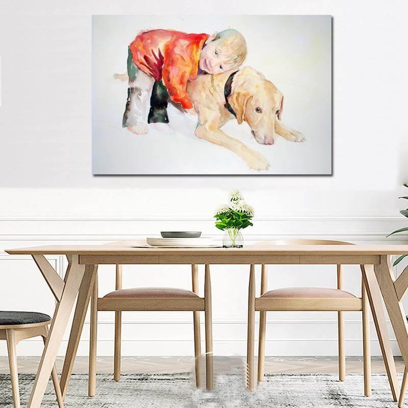 Pojke och Hund Vacker Väggkonst Canvasmålning | Veska