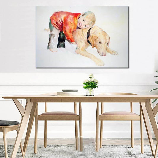Pojke och Hund Vacker Väggkonst Canvasmålning | Veska