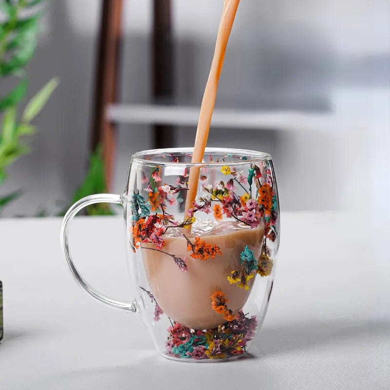 Pressade blommor dubbelväggad glas mugg | Veska