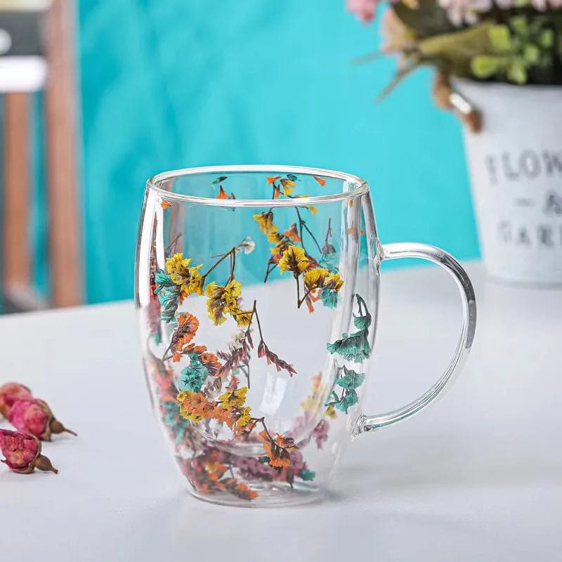 Pressade blommor dubbelväggad glas mugg | Veska
