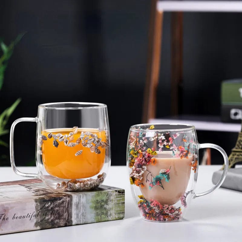 Pressade blommor dubbelväggad glas mugg | Veska