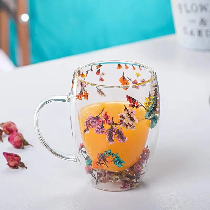 Pressade blommor dubbelväggad glas mugg | Veska