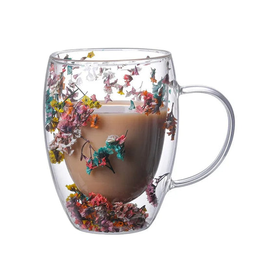 Pressade blommor dubbelväggad glas mugg | Veska A 301-400ml