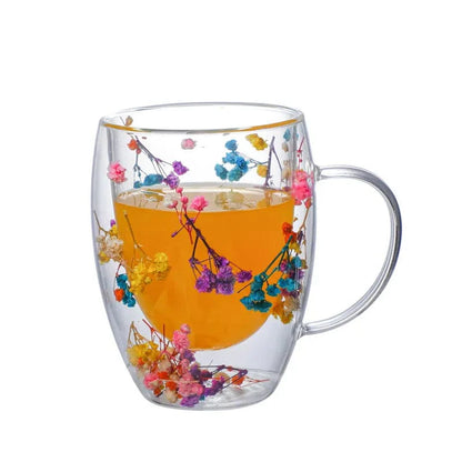 Pressade blommor dubbelväggad glas mugg | Veska B 301-400ml