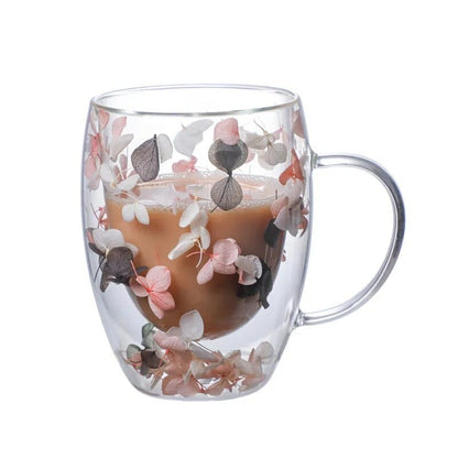 Pressade blommor dubbelväggad glas mugg | Veska D 301-400ml