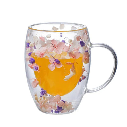 Pressade blommor dubbelväggad glas mugg | Veska E 301-400ml