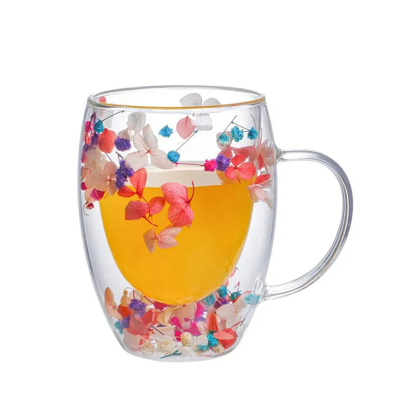 Pressade blommor dubbelväggad glas mugg | Veska G 301-400ml