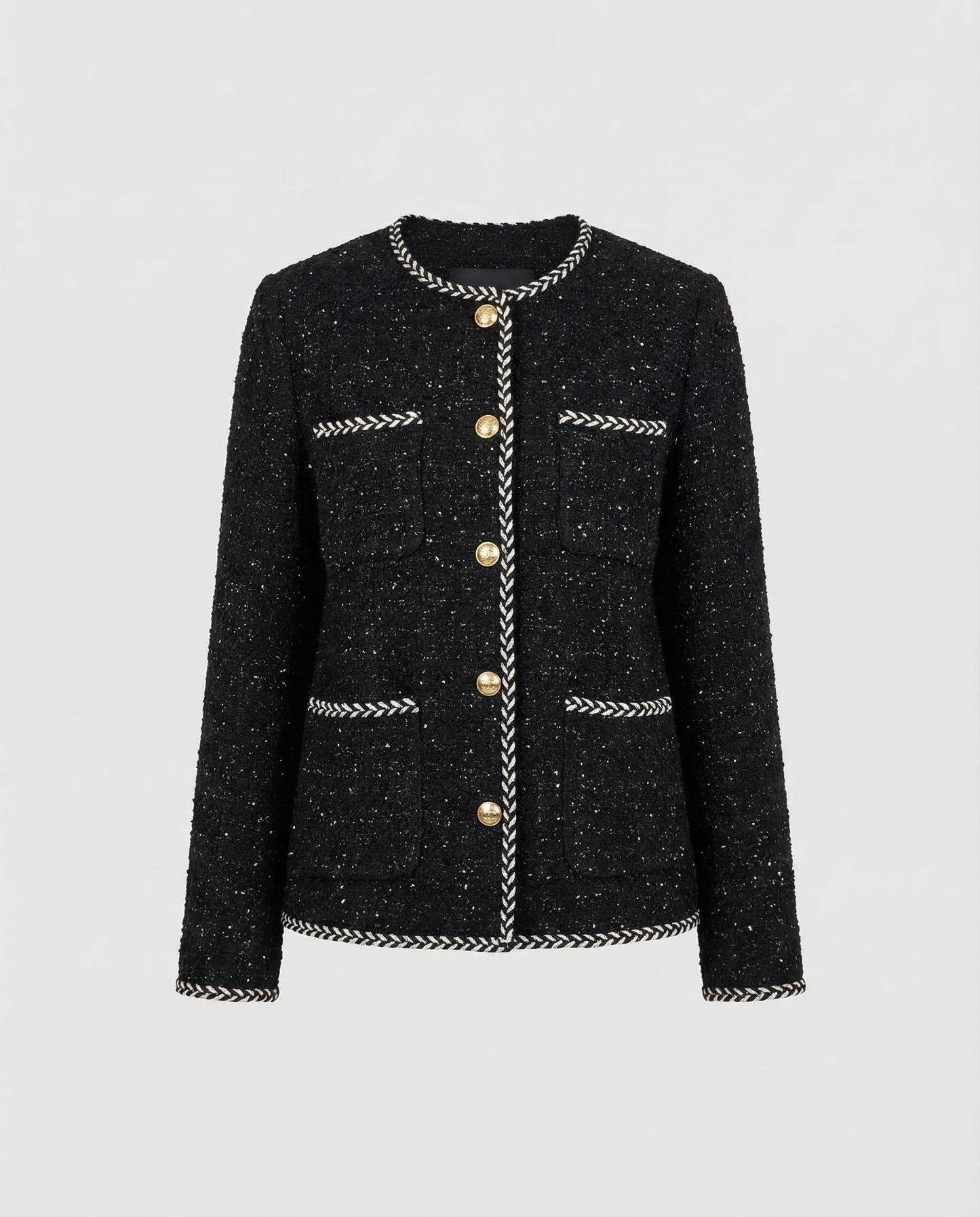 Black textured jacket with gold buttons and trim on a light gray background