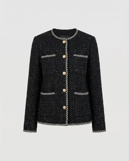 Black textured jacket with gold buttons and trim on a light gray background