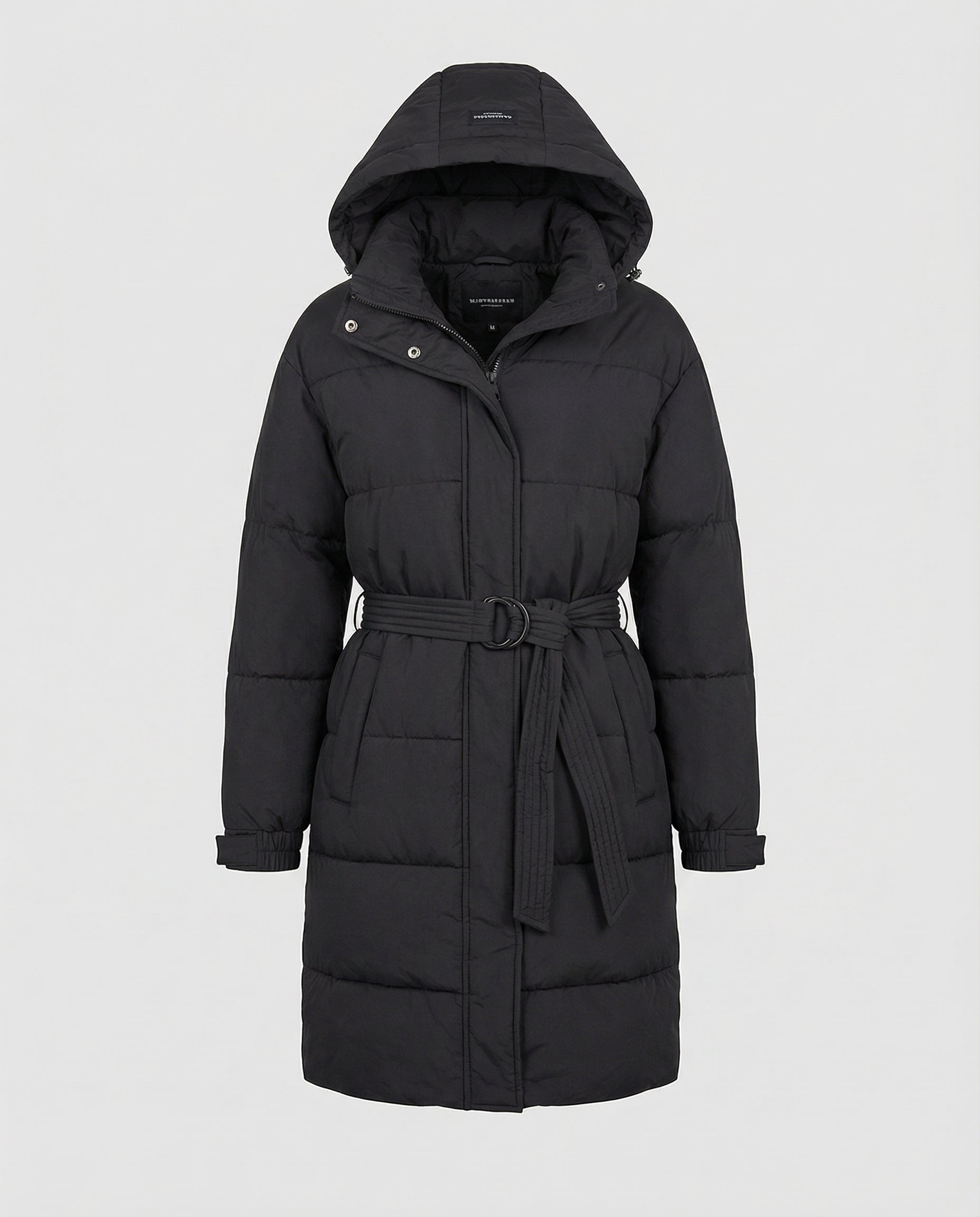 Black puffer coat with a hood on a light gray background