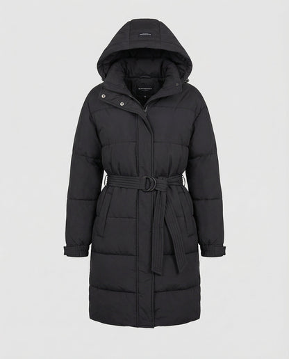 Black puffer coat with a hood on a light gray background