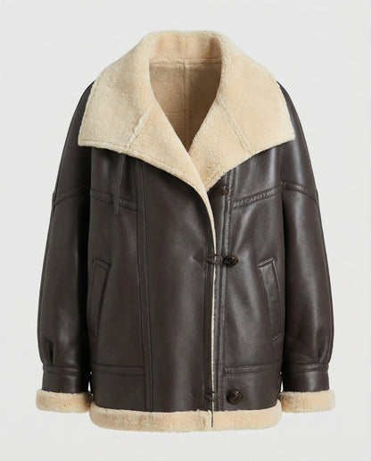 Brown leather jacket with beige shearling collar and cuffs on a white background