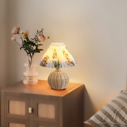 RattaLume Nordic LED Bordslampa | Vävd Rattan & Fällbar Tygytter | Stämningsljus | Dekor för Sovrummet | Veska Blomster mönster 5V