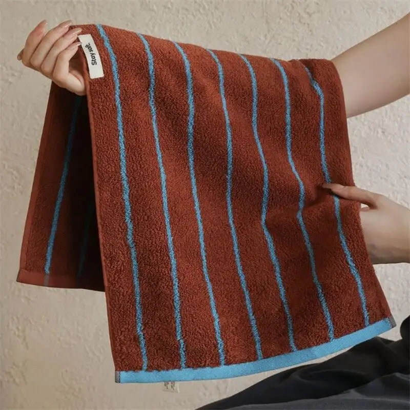 Retro Randig Ren Bomull Handdukar – Mjuk & Absorberande | Veska Brun Blå - tunn rand