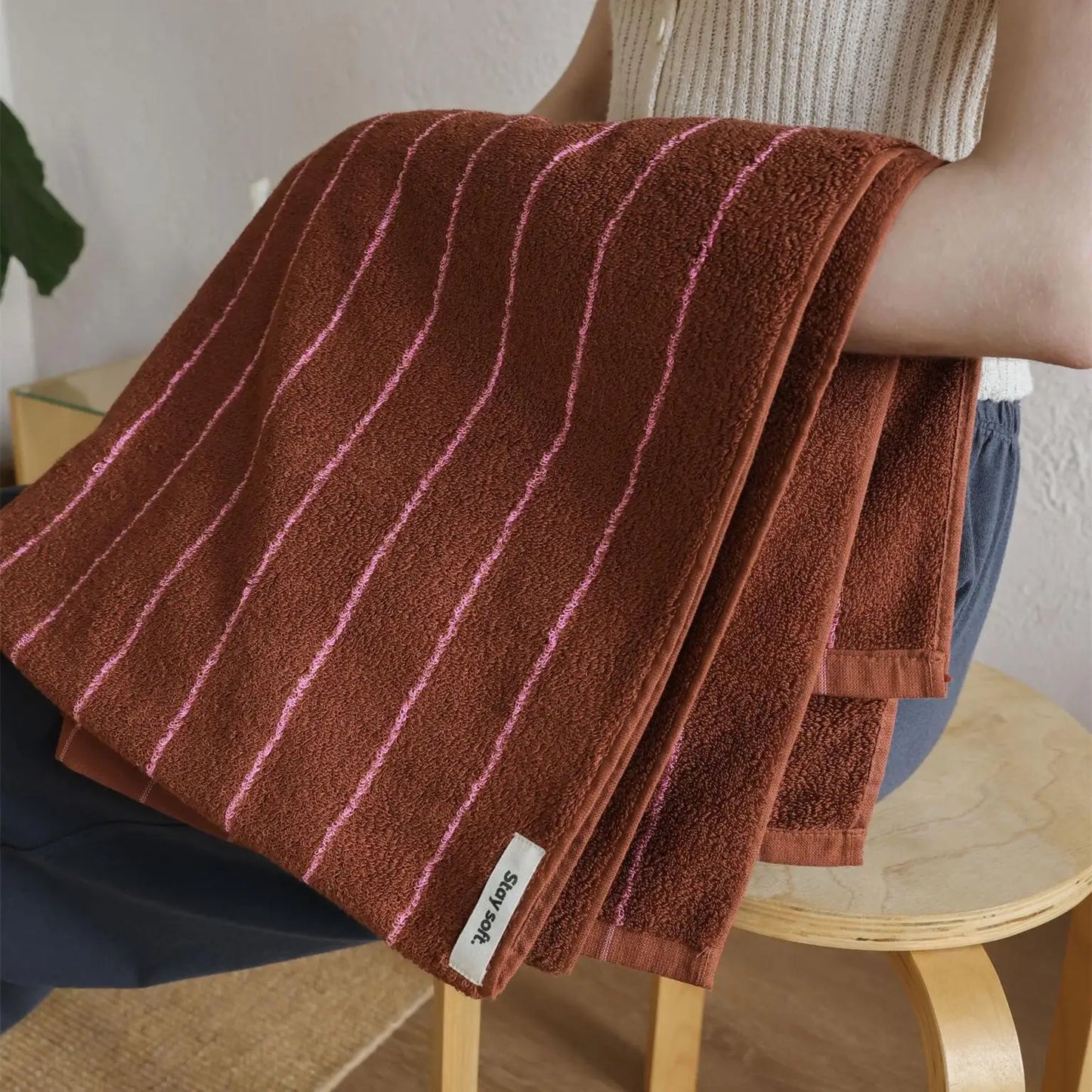 Retro Randig Ren Bomull Handdukar – Mjuk & Absorberande | Veska Brun - tunn rand