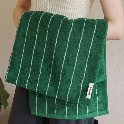 Retro Randig Ren Bomull Handdukar – Mjuk & Absorberande | Veska Grön - tunn rand
