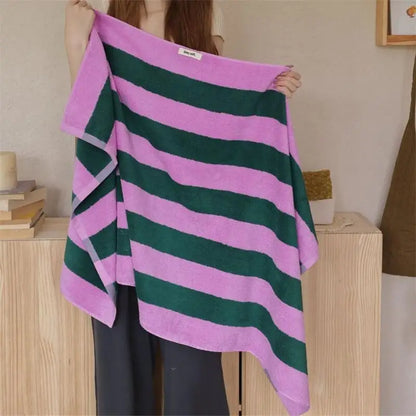 Retro Randig Ren Bomull Handdukar – Mjuk & Absorberande | Veska Rosa Grön - chunky stripe