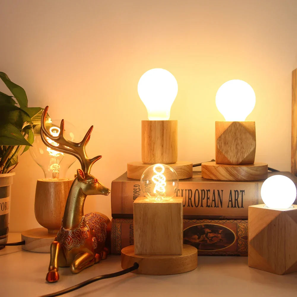Retro Trä Bordslampa med Ljusboll – Dekorativ Belysning för Hemmet | Veska