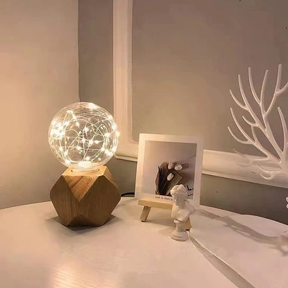 Retro Trä Bordslampa med Ljusboll – Dekorativ Belysning för Hemmet | Veska