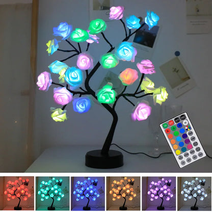 RGB Ros Blomma Träd Lampor 24LED USB Batteri Bordslampa Älva Nattljus Hem Fest Jul Bröllop Sovrumsdekoration Gåva | Veska 16 färger
