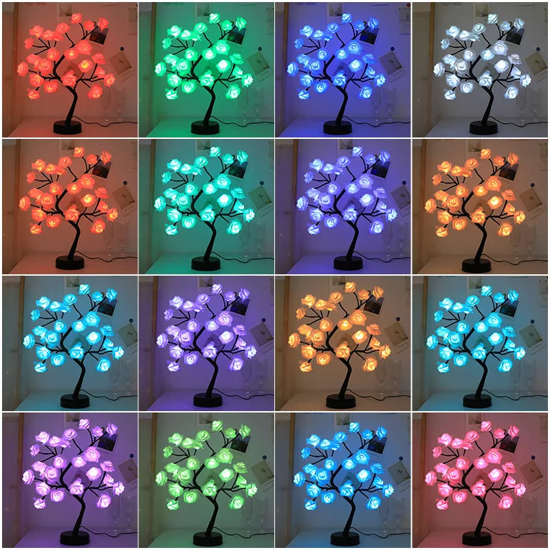 RGB Ros Blomma Träd Lampor 24LED USB Batteri Bordslampa Älva Nattljus Hem Fest Jul Bröllop Sovrumsdekoration Gåva | Veska
