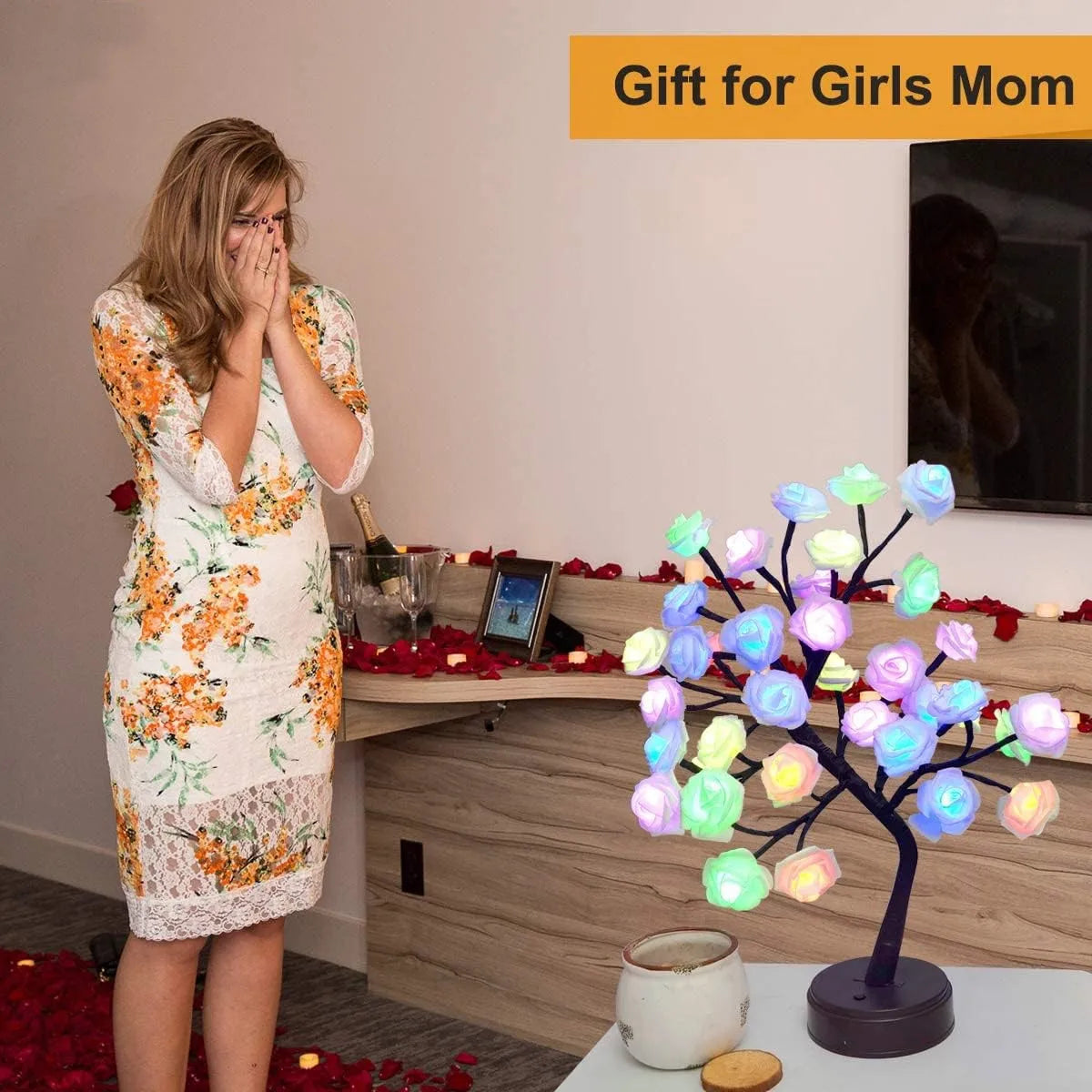 RGB Ros Blomma Träd Lampor 24LED USB Batteri Bordslampa Älva Nattljus Hem Fest Jul Bröllop Sovrumsdekoration Gåva | Veska