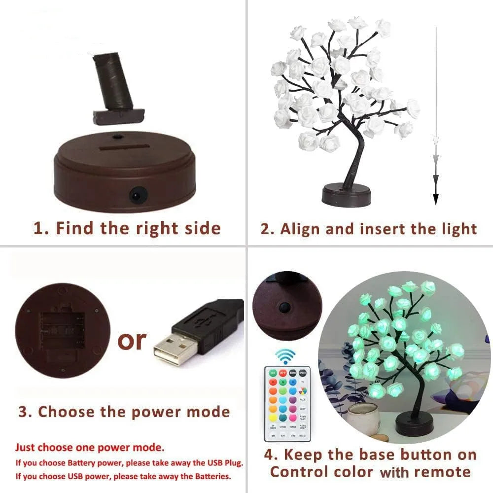 RGB Ros Blomma Träd Lampor 24LED USB Batteri Bordslampa Älva Nattljus Hem Fest Jul Bröllop Sovrumsdekoration Gåva | Veska