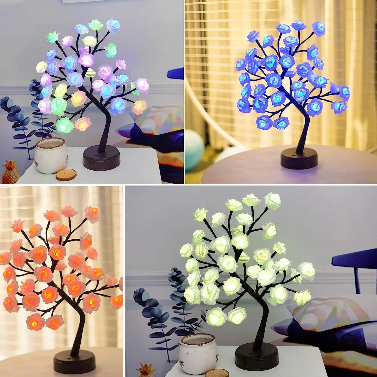 RGB Ros Blomma Träd Lampor 24LED USB Batteri Bordslampa Älva Nattljus Hem Fest Jul Bröllop Sovrumsdekoration Gåva | Veska