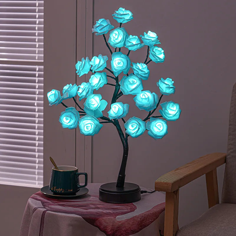 RGB Ros Blomma Träd Lampor 24LED USB Batteri Bordslampa Älva Nattljus Hem Fest Jul Bröllop Sovrumsdekoration Gåva | Veska Blå