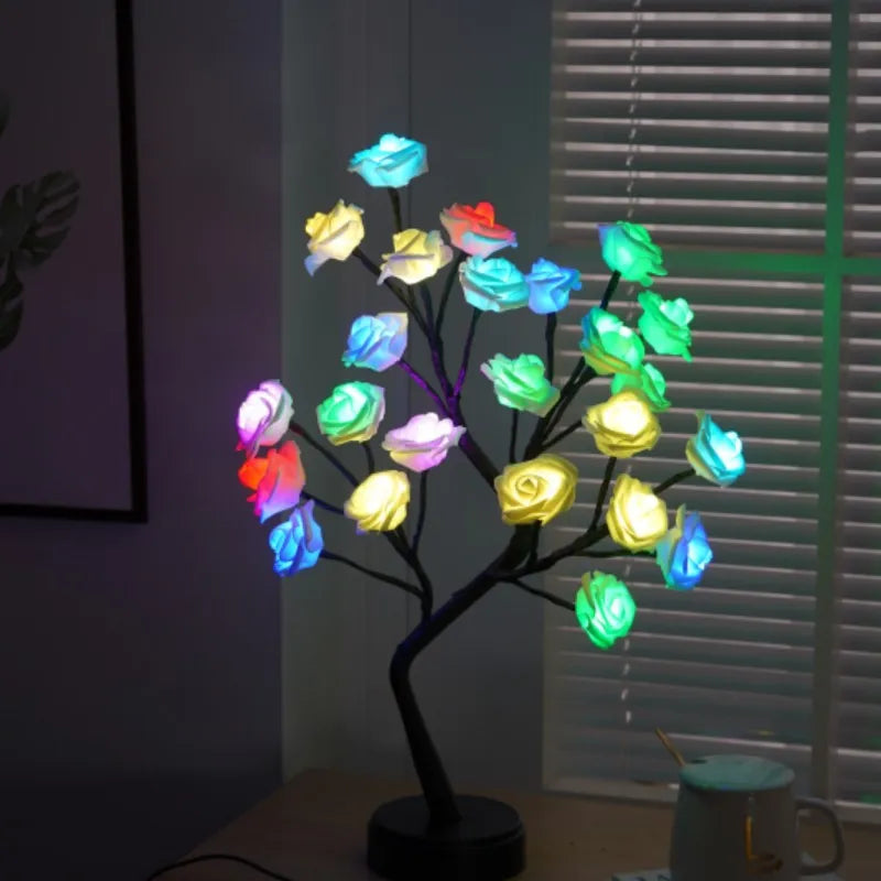 RGB Ros Blomma Träd Lampor 24LED USB Batteri Bordslampa Älva Nattljus Hem Fest Jul Bröllop Sovrumsdekoration Gåva | Veska Färgglad