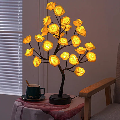 RGB Ros Blomma Träd Lampor 24LED USB Batteri Bordslampa Älva Nattljus Hem Fest Jul Bröllop Sovrumsdekoration Gåva | Veska Gul