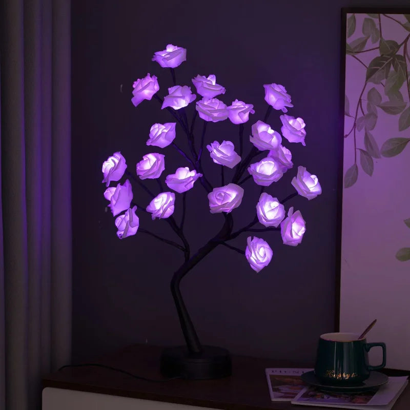 RGB Ros Blomma Träd Lampor 24LED USB Batteri Bordslampa Älva Nattljus Hem Fest Jul Bröllop Sovrumsdekoration Gåva | Veska Lila