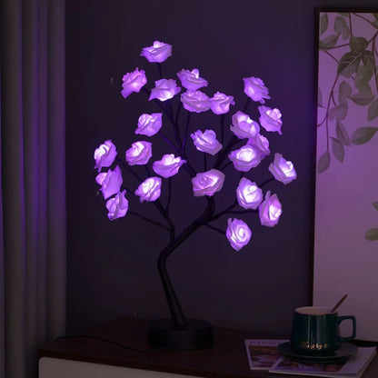RGB Ros Blomma Träd Lampor 24LED USB Batteri Bordslampa Älva Nattljus Hem Fest Jul Bröllop Sovrumsdekoration Gåva | Veska Lila