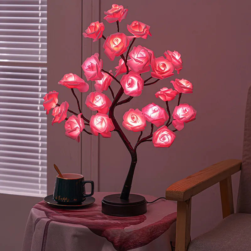 RGB Ros Blomma Träd Lampor 24LED USB Batteri Bordslampa Älva Nattljus Hem Fest Jul Bröllop Sovrumsdekoration Gåva | Veska Rosa
