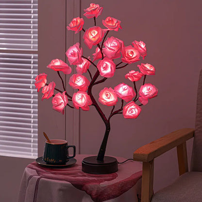 RGB Ros Blomma Träd Lampor 24LED USB Batteri Bordslampa Älva Nattljus Hem Fest Jul Bröllop Sovrumsdekoration Gåva | Veska Rosa