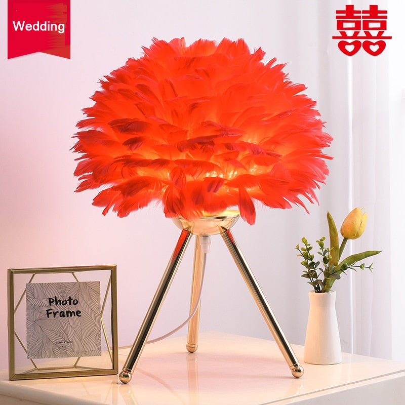 Romantisk Fjäderbordslampa Modern Nattduksbordslampa Vardagsrums Café Dekoration Bröllop Julklapp Strutsfjäder Ljus | Veska Roséguld