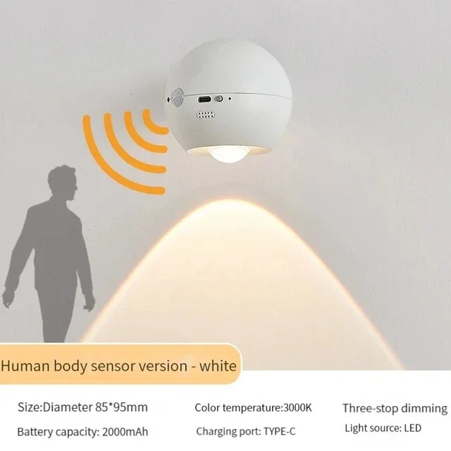 Roterande Mini Magnetisk Uppladdningsbar Vägglampa | Veska Vit Sensor