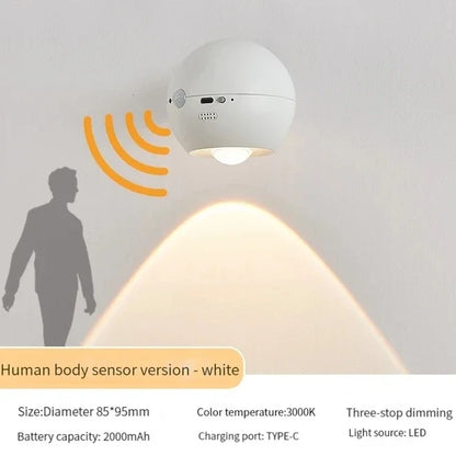Roterande Mini Magnetisk Uppladdningsbar Vägglampa | Veska Vit Sensor