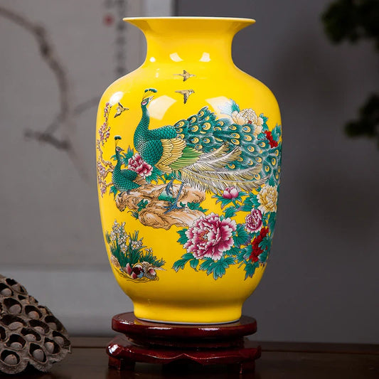 Royelux Jingdezhen Gul Hängande Påfågel Keramikvas Ett Utslag av Tidlös Elegans | Veska