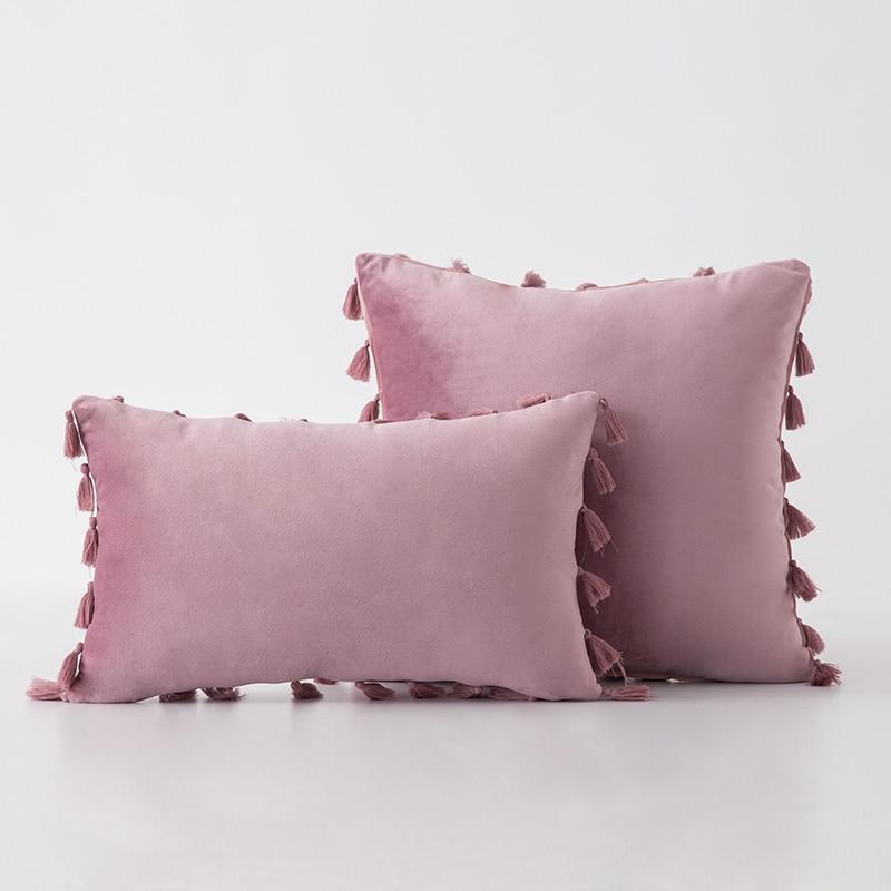 Sammetkuddöverdrag med Fransen | Veska 30x50cm 11.81''x19.68'' Grå rosa