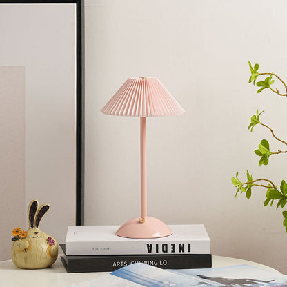 Samtida skandinavisk uppladdningsbar järn tyg konvikt LED bordslampa för sängbord | Veska Rosa lampskärm + rosa bas Oändligt dimbar 36V