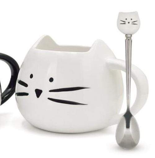Söt katt kaffekopp med sked | Veska Vit