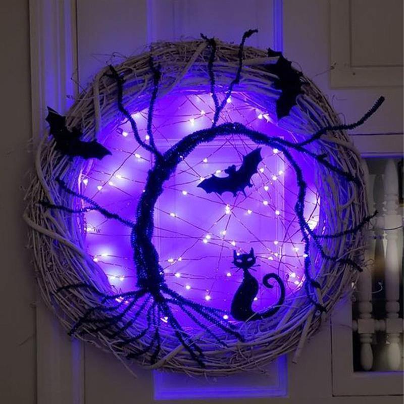 Svart Fladdermus Katt Halloween Dörrkrans Led Ljus | Veska