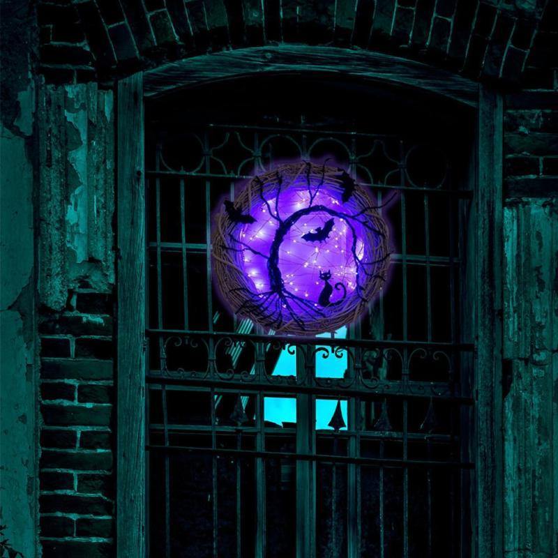 Svart Fladdermus Katt Halloween Dörrkrans Led Ljus | Veska