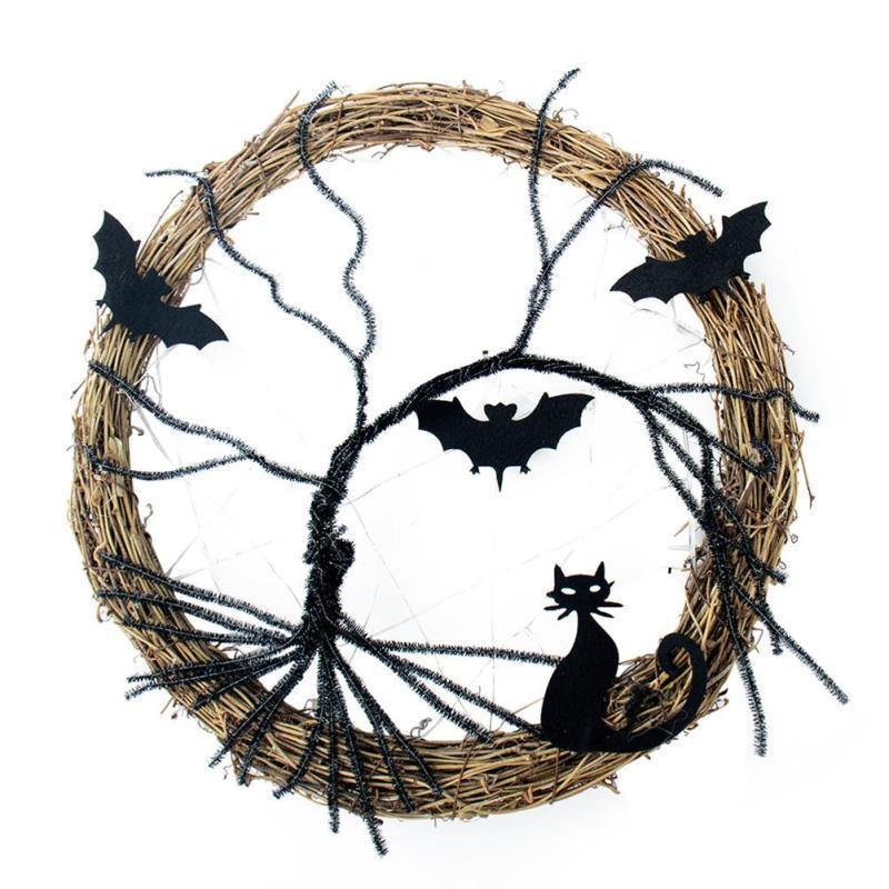 Svart Fladdermus Katt Halloween Dörrkrans Led Ljus | Veska