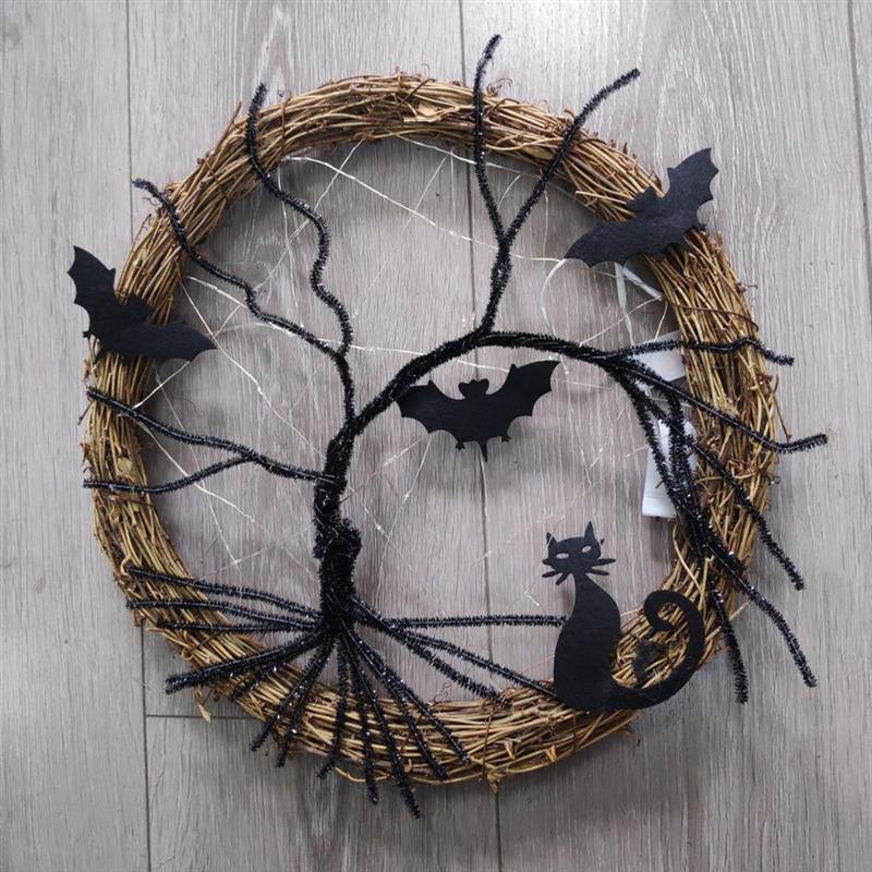 Svart Fladdermus Katt Halloween Dörrkrans Led Ljus | Veska