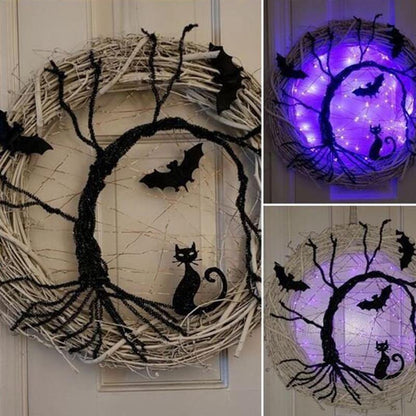 Svart Fladdermus Katt Halloween Dörrkrans Led Ljus | Veska